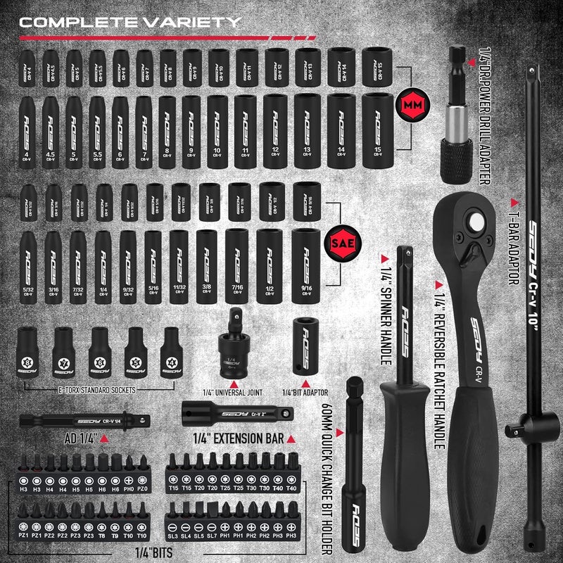 SEDY 105-Piece 1/4" Drive Impact Socket Set, SAE 5/32"-9/16" & Metric 4-15mm, CR-V Steel Mechanics Tool Set with Ratchet Wrench, Adapters, Universal Joint, Screwdriver Bits, Bit Holder, Extension Bar - Image 2